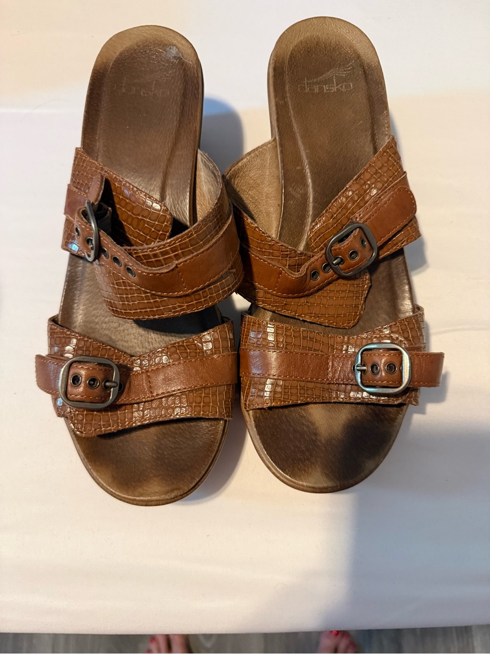 Dansko brown leather Croc-Texture slide clogs with Buckles